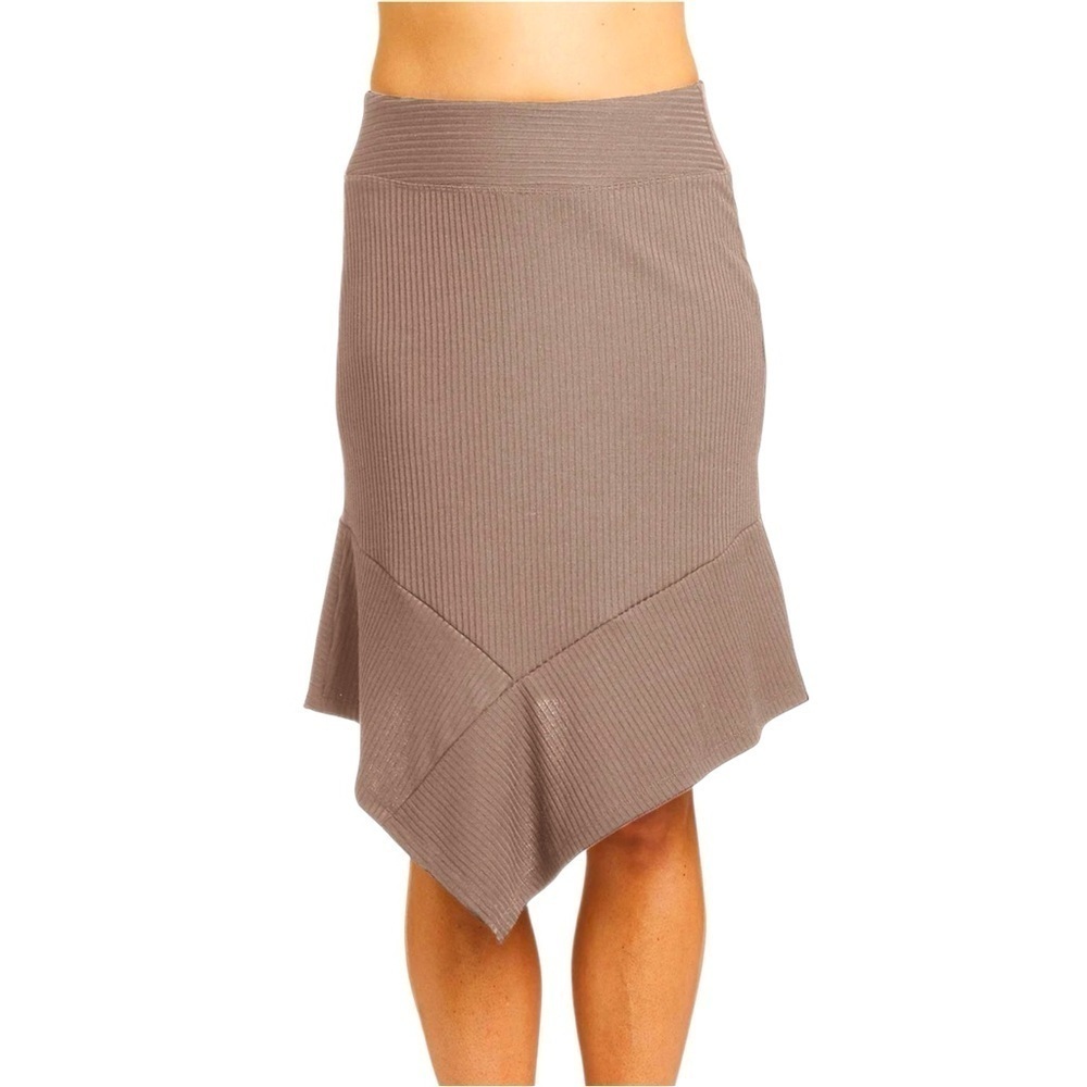 Fig Clothing Oma ribbed body con asymmetrical high low beige oatmeal color skirt